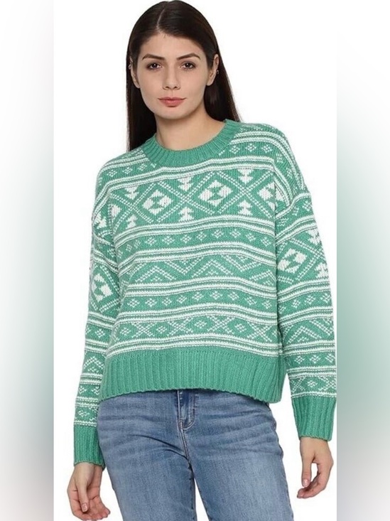 American Eagle Outfitters Sweaters - American Eagle Fair Isle Snow Drift Green White Cropped Sweater XS